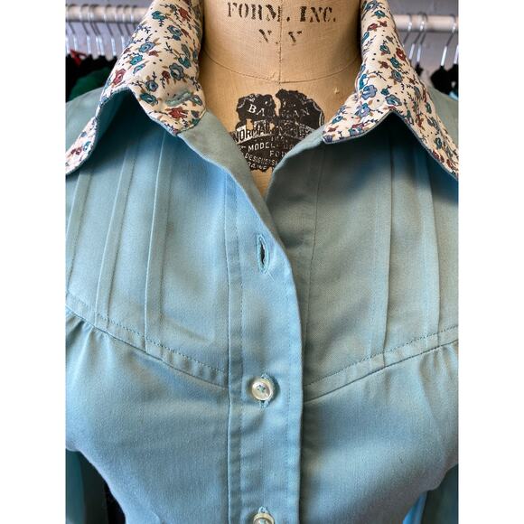Vintage 1970s cropped aqua cotton jacket with puff shoulders floral trim small - Picture 2 of 8
